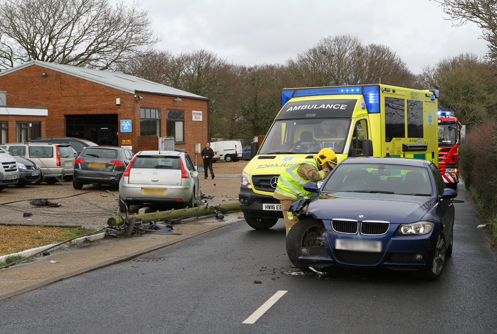 TELEGRAPH POLE BROUGHT DOWN IN 3-CAR COLLISION