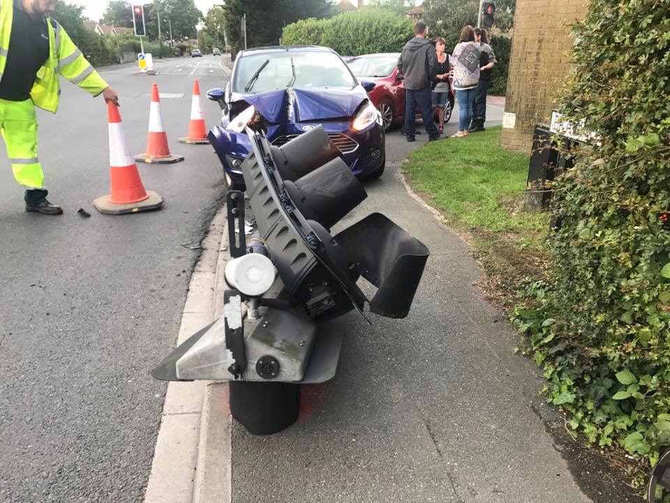 CAR FLATTENS TRAFFIC LIGHT AT WESTRIDGE