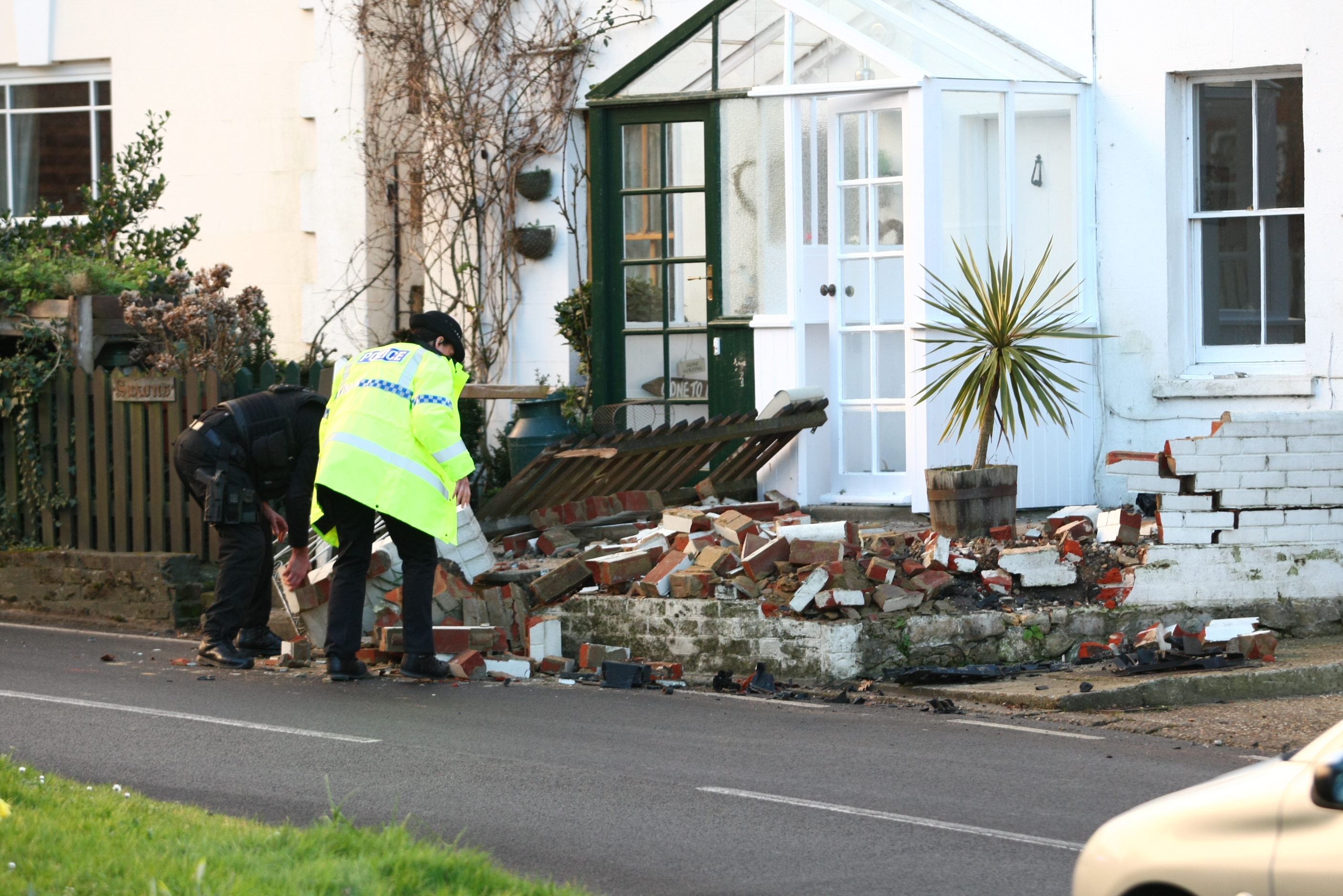 CAR DESTROYS GARDEN WALL IN BEMBRIDGE