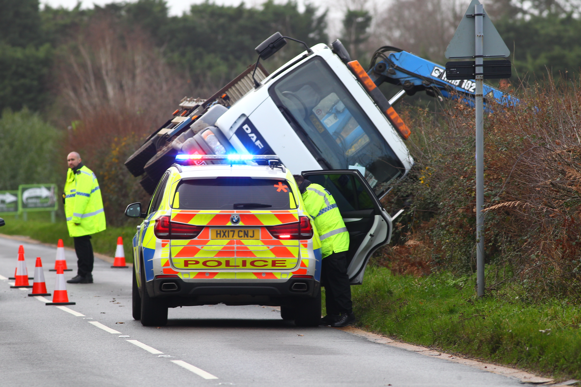 LORRY TIPS ONTO ITS SIDE NEAR NEWPORT