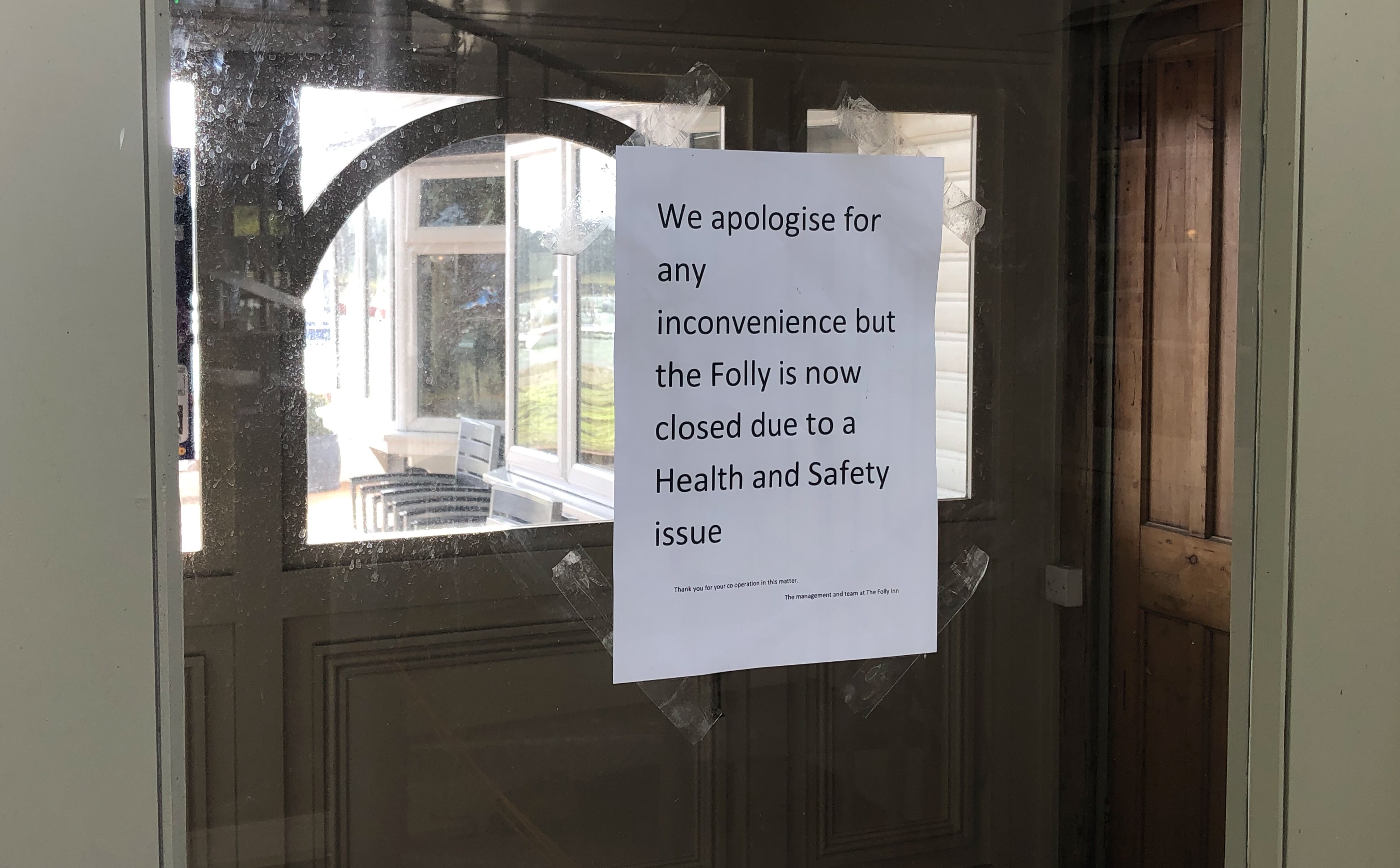 ‘HEALTH AND SAFETY ISSUE’ FORCES CLOSURE OF THE FOLLY INN