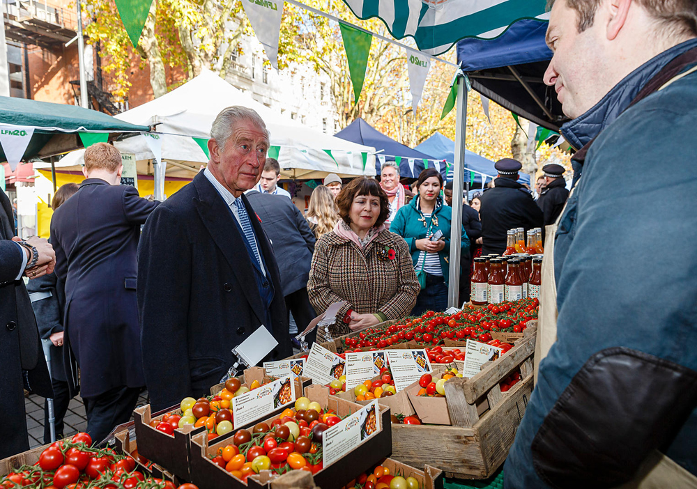 PRINCE CHARLES VISITS TOMATO STALL STAND AT LONDON FARMERS’ MARKET