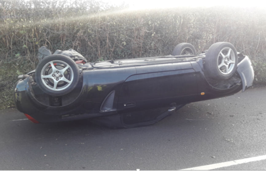 NEWLY-PURCHASED CAR ROLLS ONTO ROOF AT WHITELEY BANK ROUNDABOUT