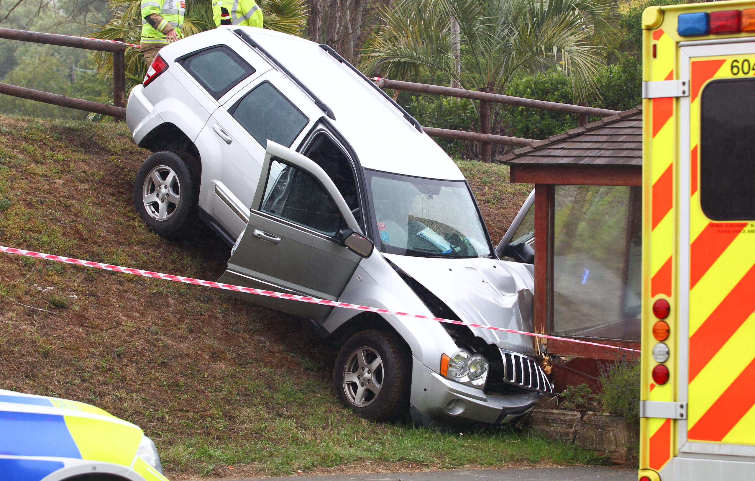 CAR PLOUGHS THROUGH FENCE & INTO BUS STOP IN ARRETON