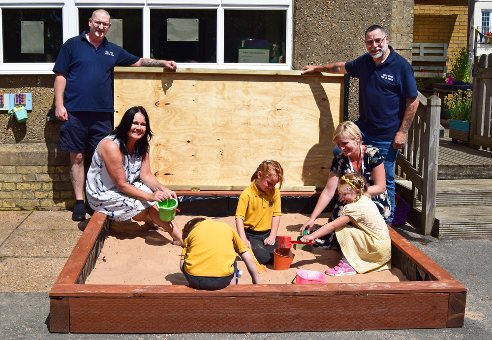 NEW SANDPIT AND BIRD TABLE FOR YARMOUTH PRIMARY THANKS TO MEN IN SHEDS