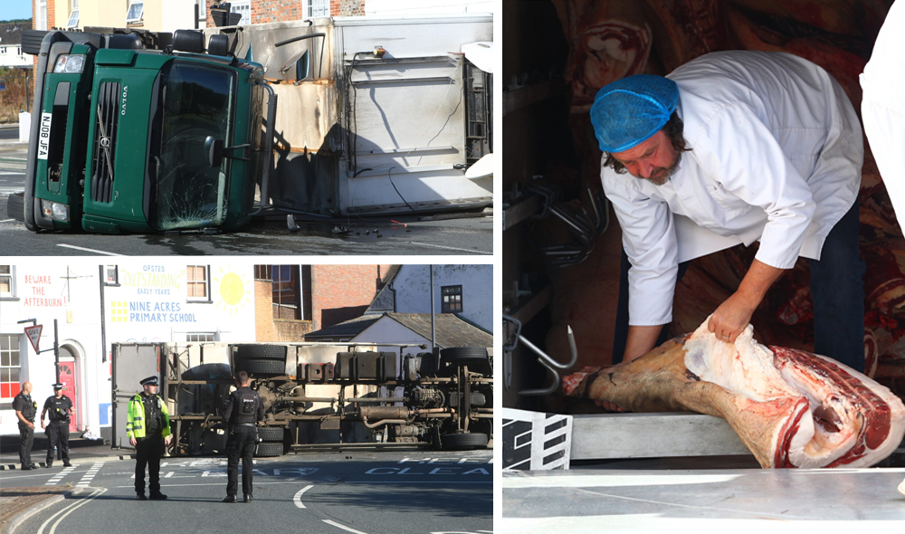 COPPINS BRIDGE RE-OPENS AFTER OVERTURNED MEAT LORRY CAUSES TRAFFIC CHAOS