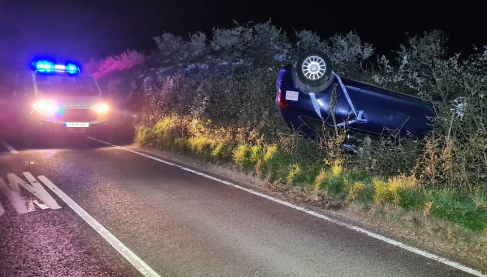 CAR ROLLS ONTO ROOF AT CALBOURNE S-BENDS