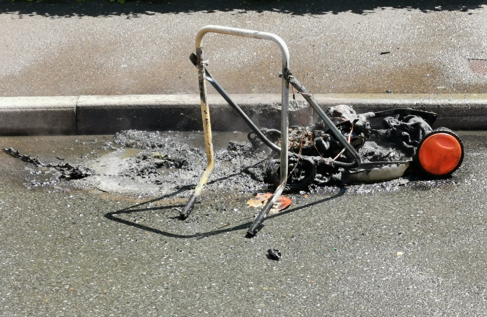 LAWNMOWER DESTROYED BY FIRE AS DRY GRASS IGNITES