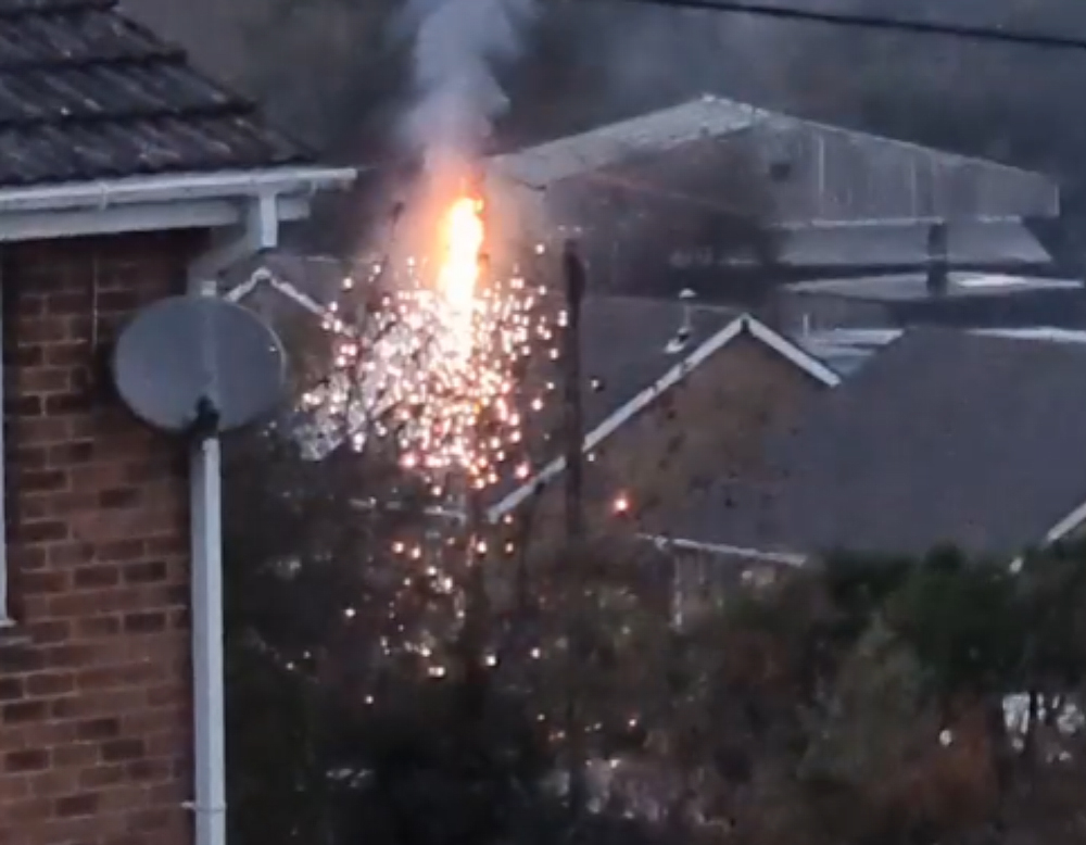 FIRE BREAKS OUT AT TOP OF ELECTRICITY POLE IN ROOKLEY
