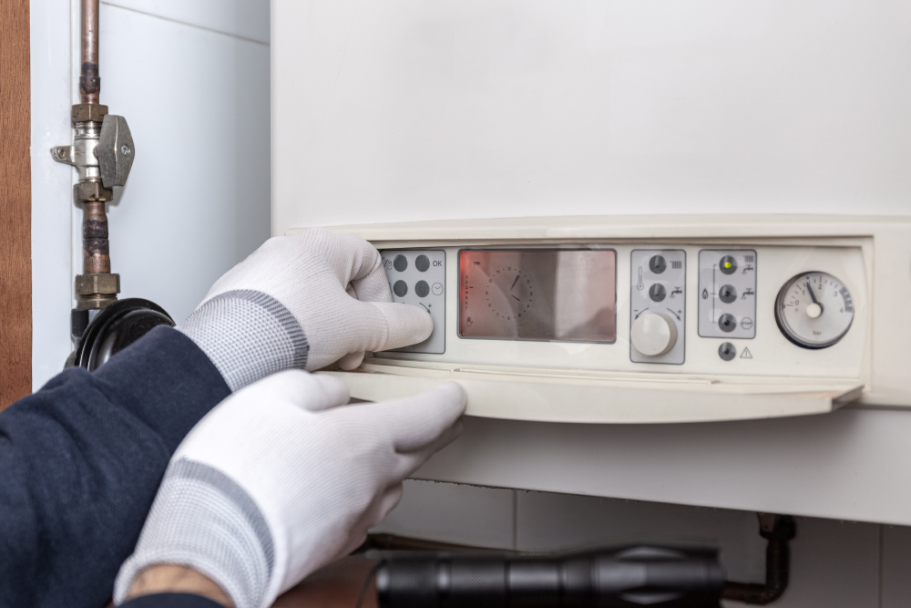Technician Servicing Heating Boiler In A House