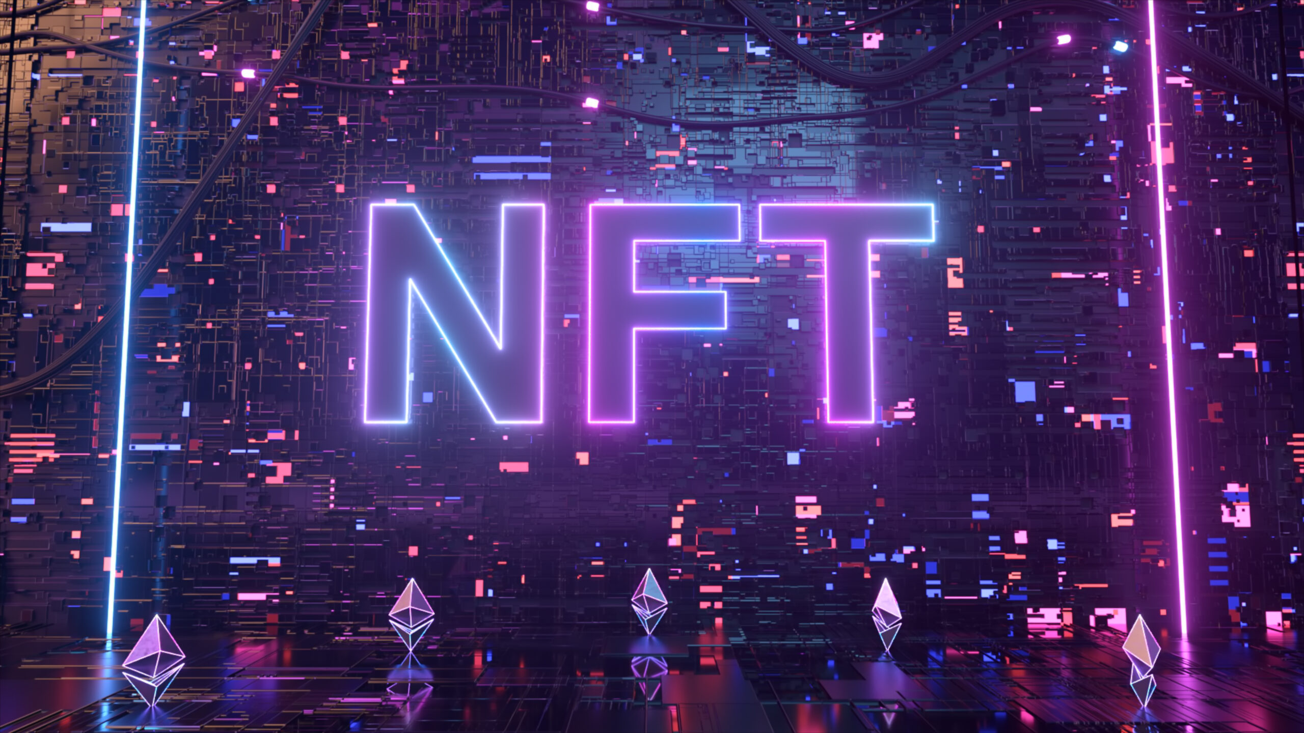 Blockchain Digital Data Transmission Room. Nft Non Fungible Token. 3d Illustration