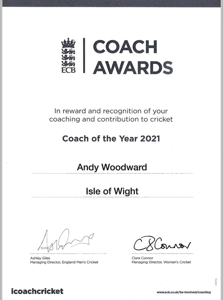 Coach Of The Year Andy Woodward Certificate