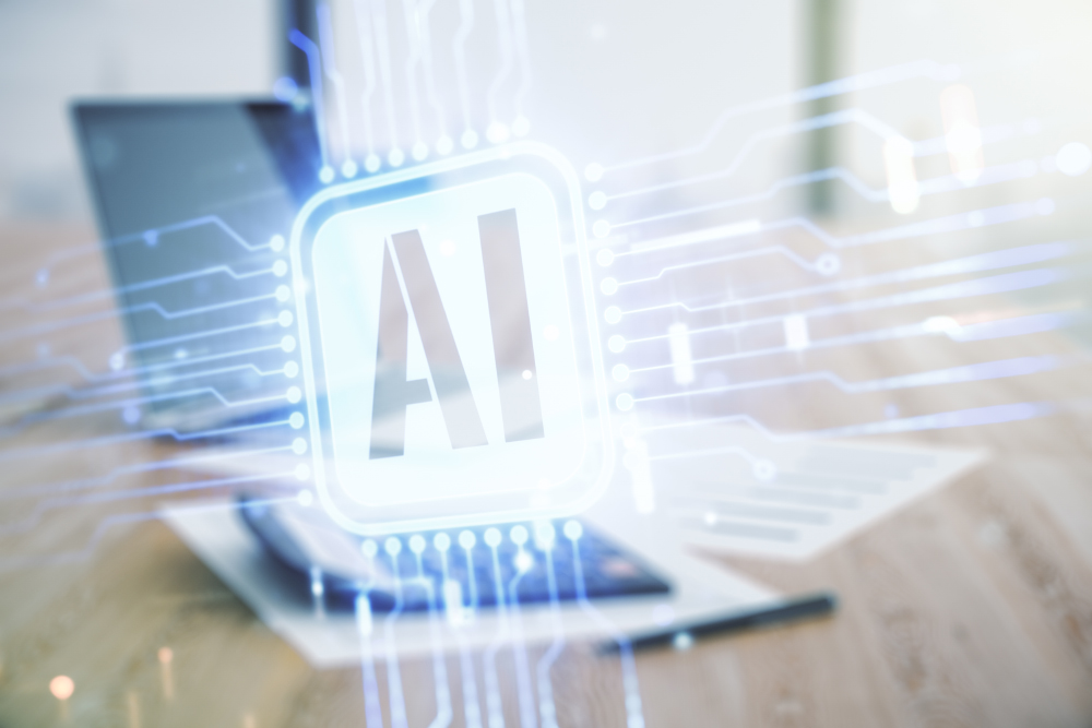 Double Exposure Of Creative Artificial Intelligence Icon On Blurry Calculator With Laptop Background. Neural Networks And Machine Learning Concept