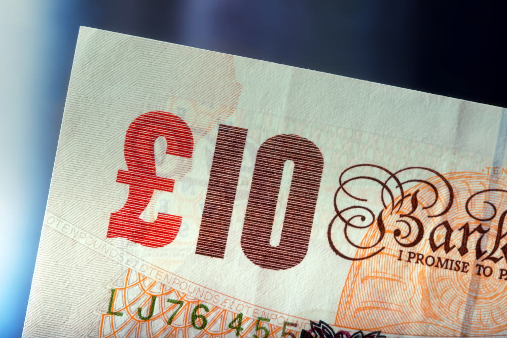 Pound Currency, Money, Banknote. English Currency. Uk Banknotes Of Different Values Stacked On Each Other