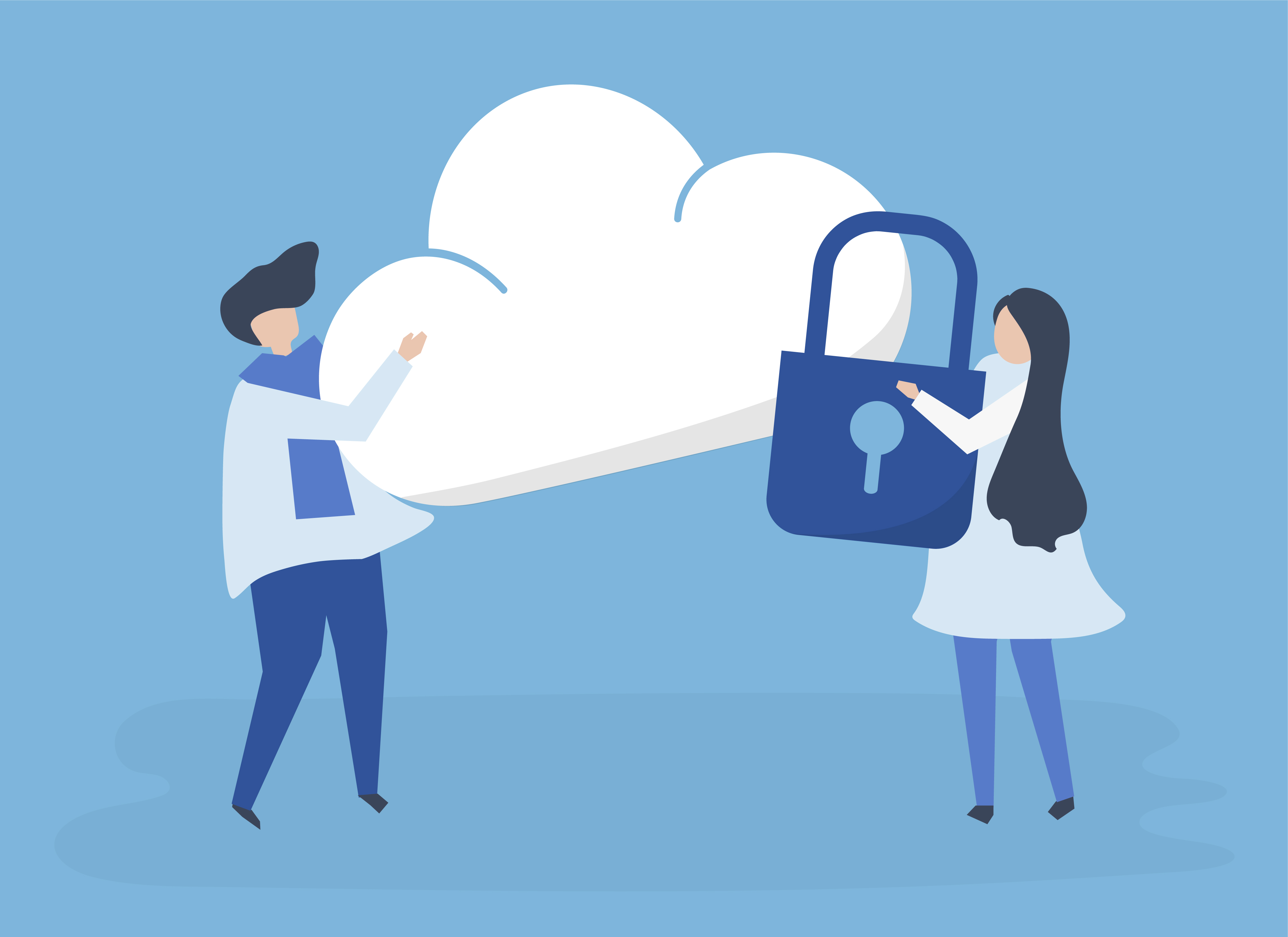 Characters Of A Couple And A Cloud Security Illustration