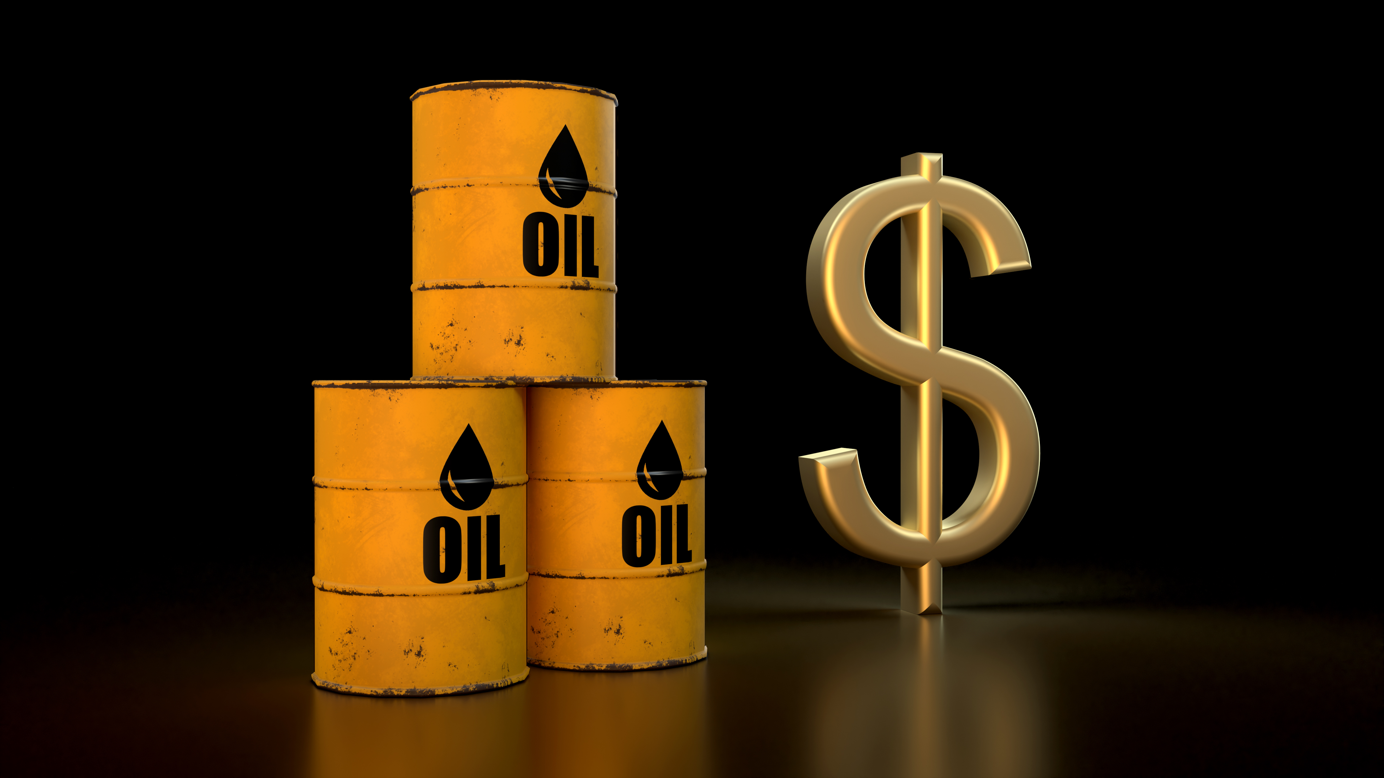3d Render Three Yellow Barrels Of Oil And A Golden Dollar Symbol On A Black Background