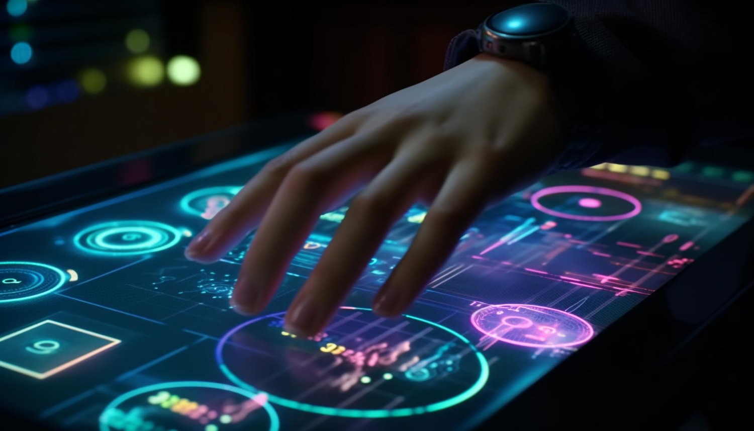 Glowing-finger-controls-modern-nightlife-technology-table-generated-by-ai