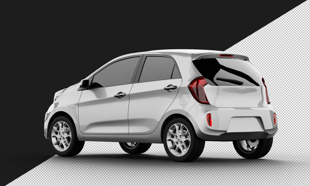 Isolated Realistic Shiny Grey Small Mini City Car From Left Rear View