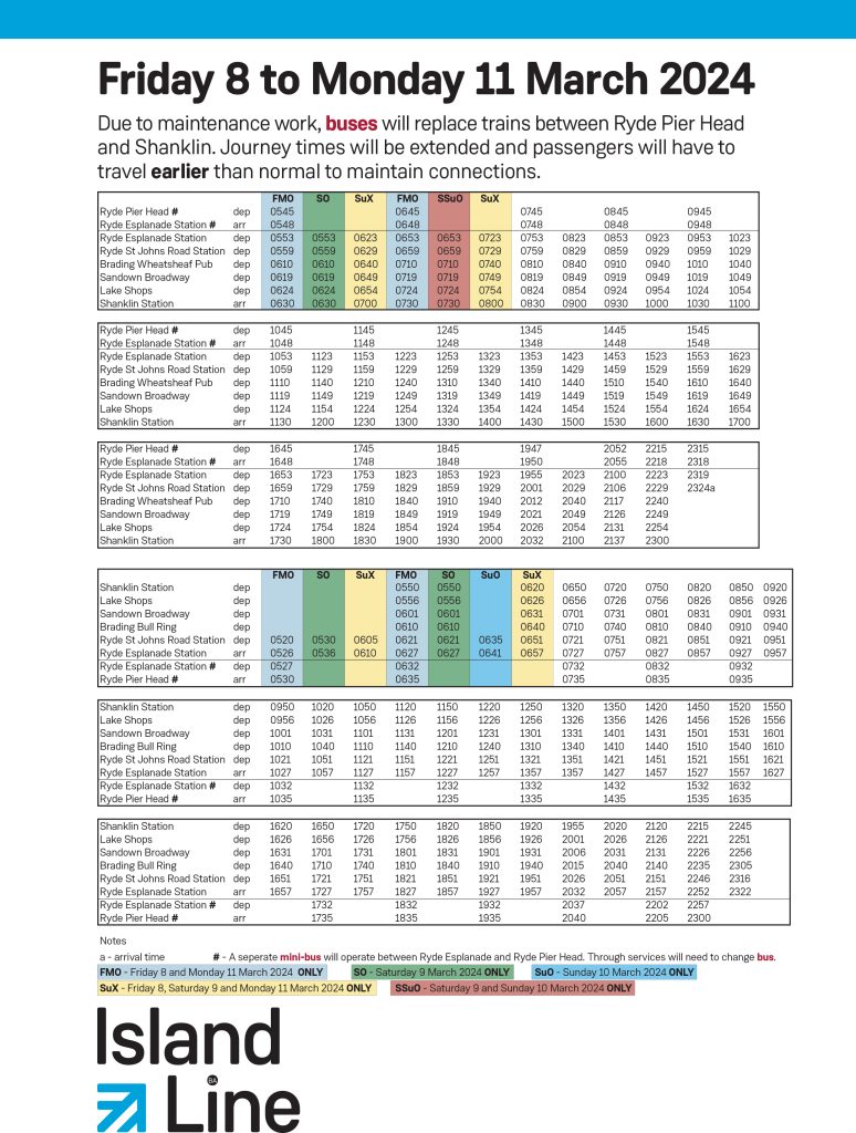 Islandlinemarchclosuretimetable