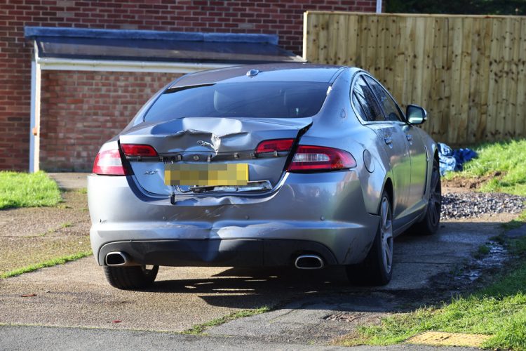 SUSPECT CRASHES CAR AS OFFICERS FORCED ENTRY TO HOME IN PAN DRUGS RAID