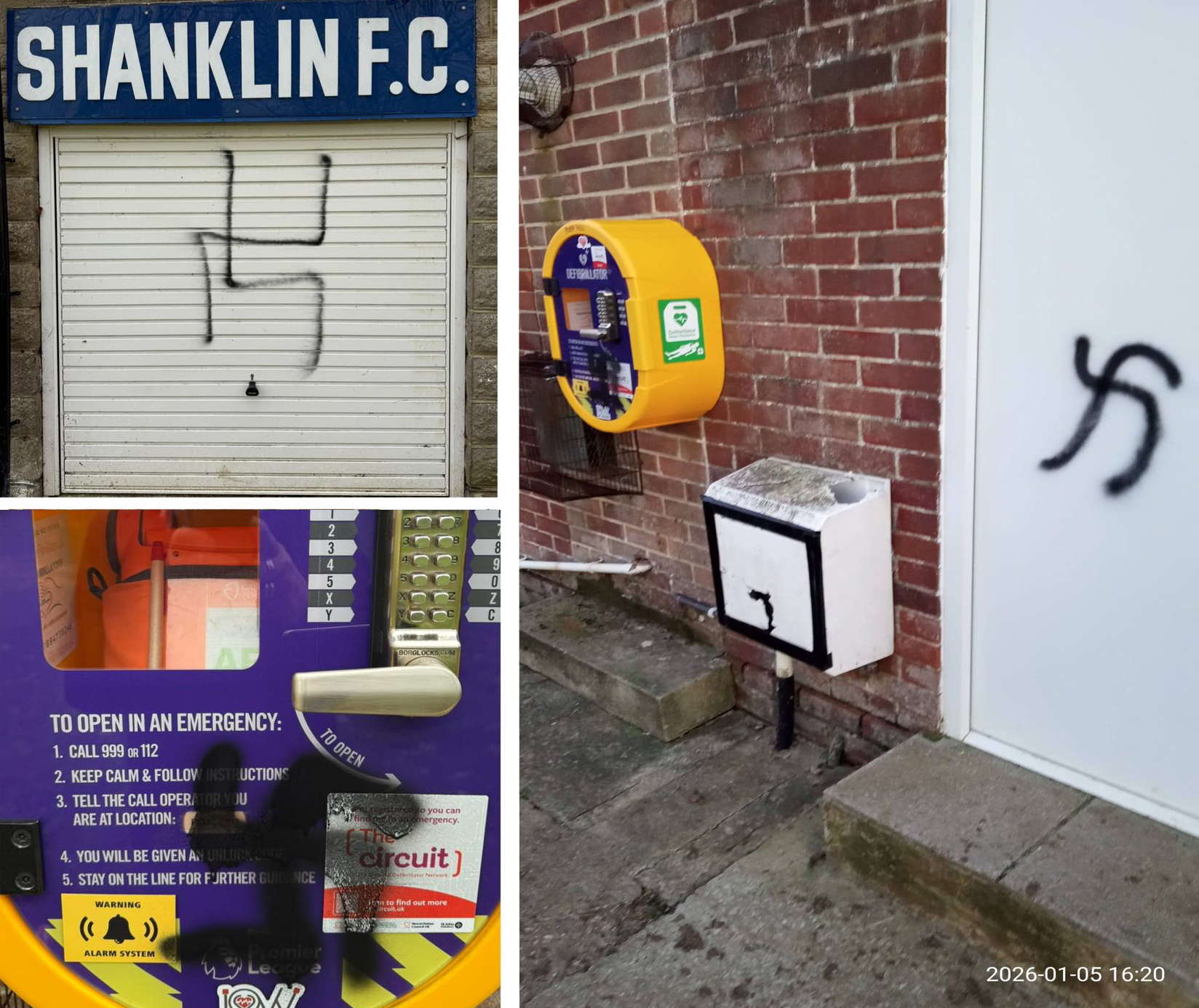 ANGER AS SWASTIKAS SPRAY PAINTED ON FOOTBALL CLUBHOUSE AND DEFIBRILLATOR