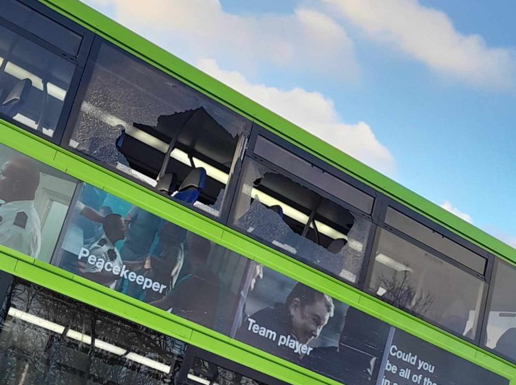 DOUBLE DECKER WINDOWS SMASHED BY OVERHANGING TREE ON BRADING DIVERSION ROUTE