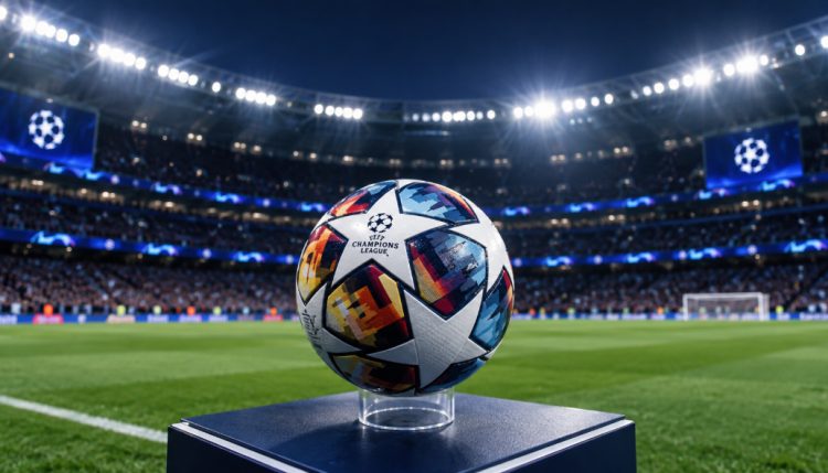 Champions League football displayed on the pitch in a floodlit stadium